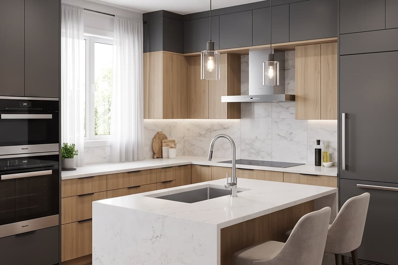 After: the same kitchen rebuilt with oak and graphite modular units, a quartz island and integrated appliances