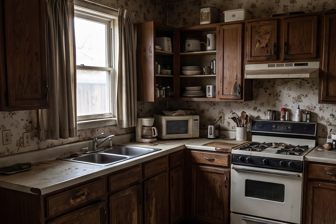 Before: a dated kitchen with dark worn timber cabinets, patterned wallpaper and a chipped laminate worktop
