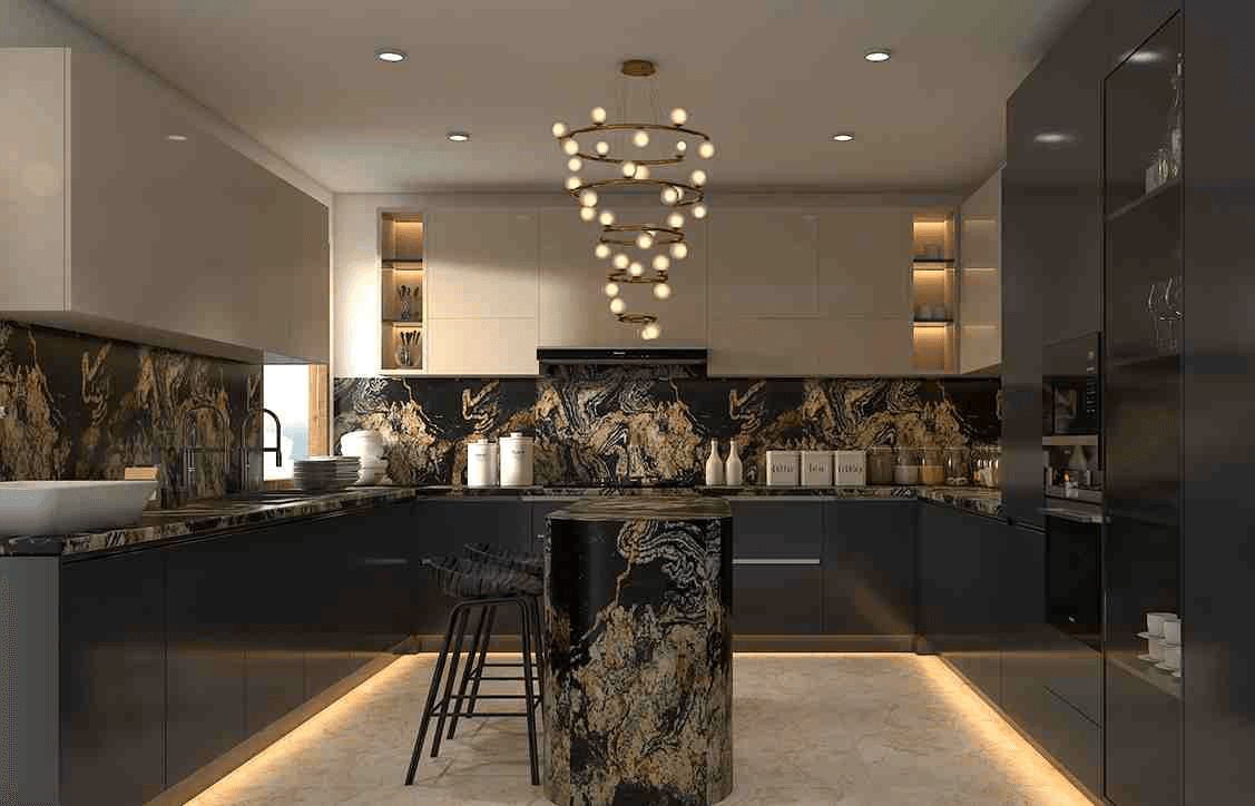 Luxury dark kitchen with marble backsplash